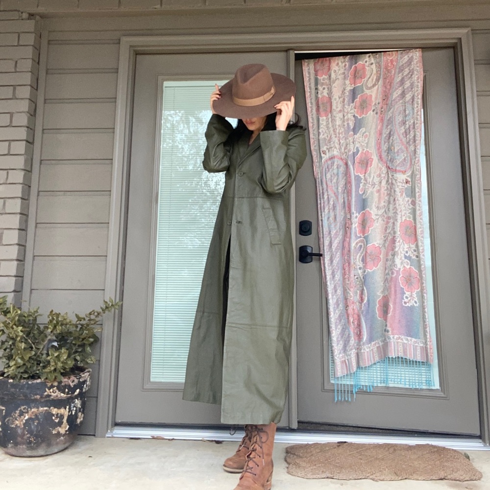 Sage color Leather Full length Coat